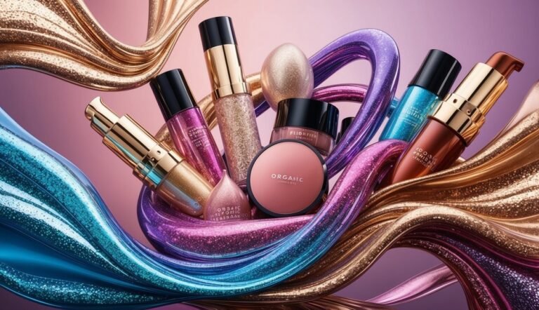 Cosmetics and glittery ribbons in gold, purple, and blue on a pink background
