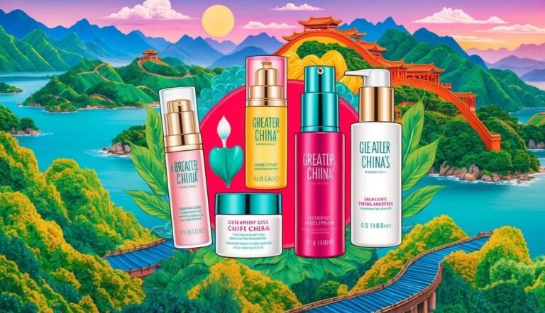 Cosmetic products with Chinese branding against a scenic, stylized landscape background