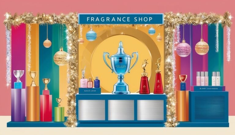 Fragrance shop display with trophies, perfume bottles, and colorful striped background
