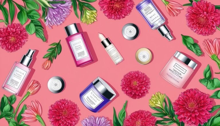 Cosmetics and flowers arranged on a pink background, top-down view