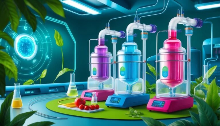 Futuristic lab with colorful tanks, plants, and food samples