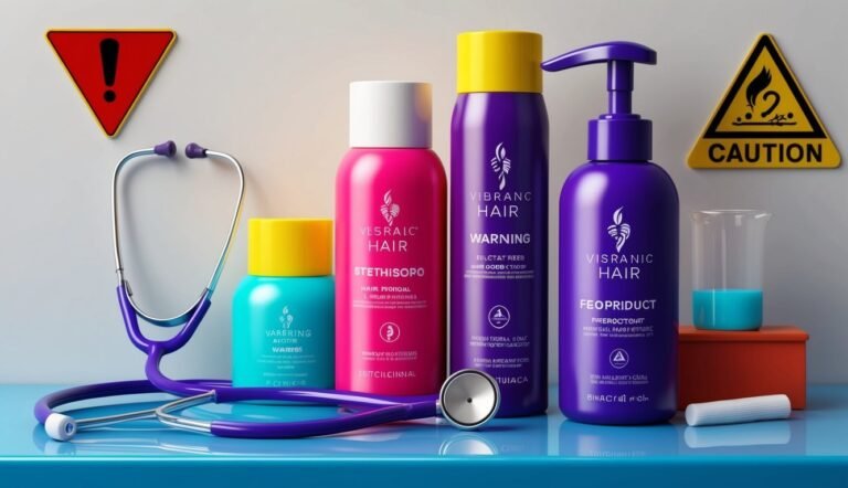Hair products with warning signs, stethoscope, and lab equipment