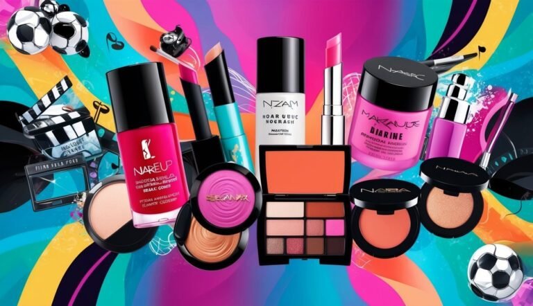 Cosmetics, soccer balls, and film clapper on a colorful, abstract background