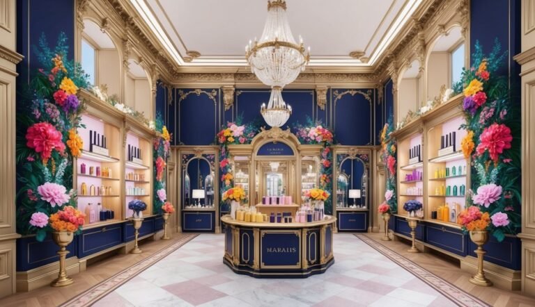 Luxurious perfume store with floral decor, chandeliers, and product displays