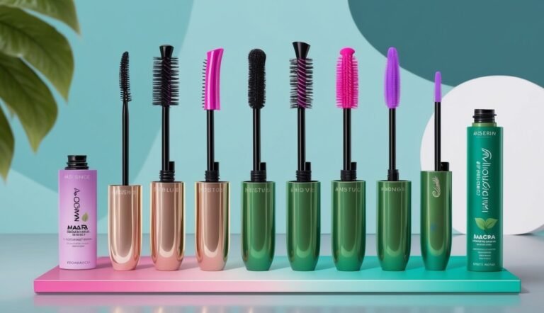 Mascara tubes with different brush shapes and colors, arranged on a shelf
