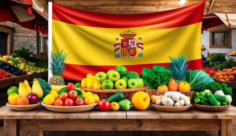 Fresh fruits and vegetables on a table with the Spanish flag in the background