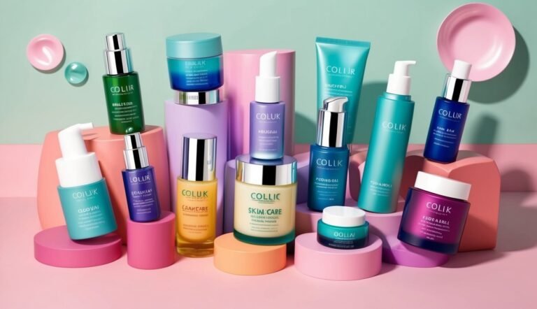 Assortment of Collik skincare products displayed on colorful geometric platforms