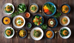 Overhead shot of various colorful, healthy dishes on a wooden table