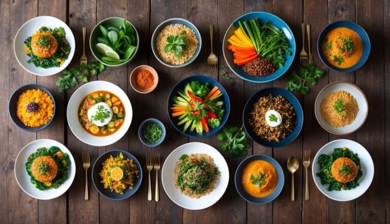 Overhead shot of various colorful, healthy dishes on a wooden table