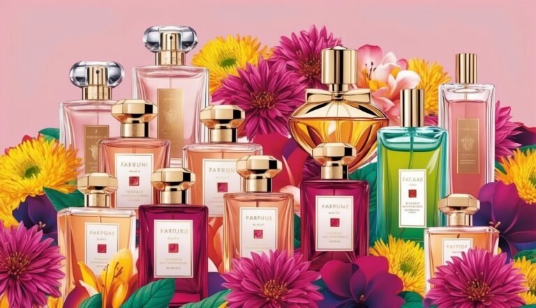 Perfume bottles with gold caps surrounded by colorful flowers on pink background