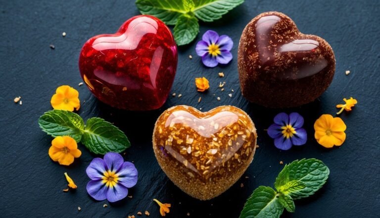 Three heart-shaped desserts with flowers and mint on a dark surface