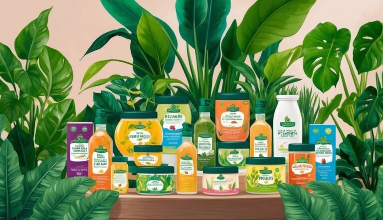 Various jars and bottles of products with green leaves in the background