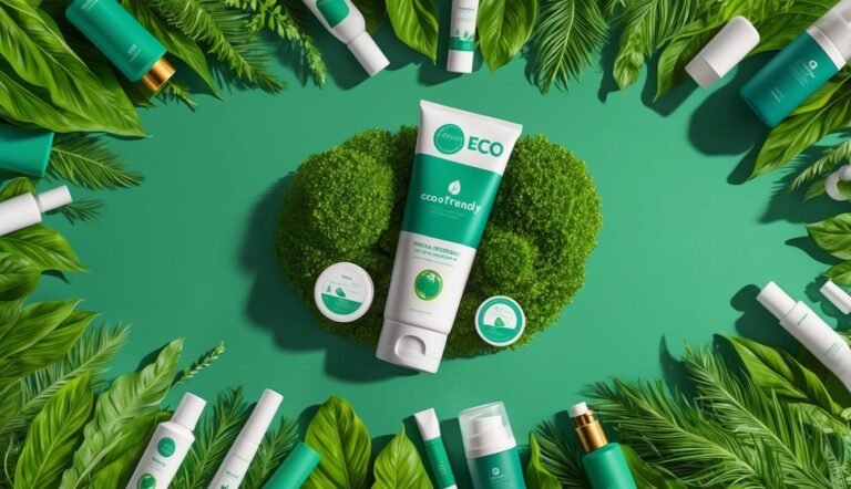 Eco-friendly skincare products arranged with leaves on a green background