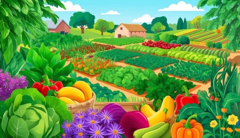Cartoon illustration of a vibrant farm with various vegetables and crops