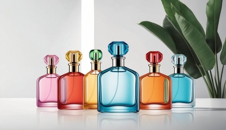 Six colorful perfume bottles with jewel-toned stoppers, plant in background