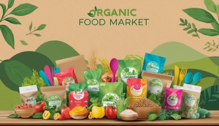 Organic food market illustration with various packaged products, fruits, and utensils