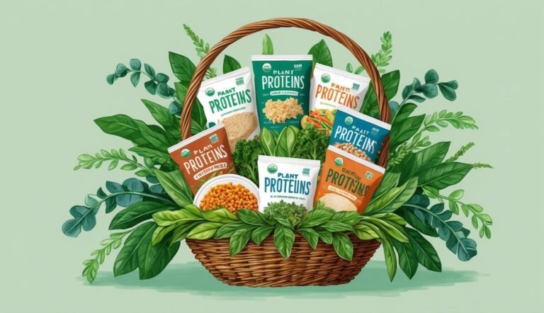 Wicker basket filled with plant protein products and fresh green leaves