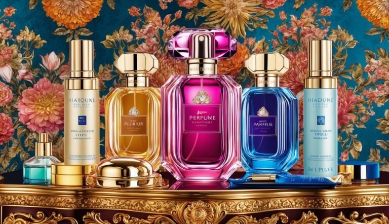 Cosmetics and perfume bottles arranged on a decorative table with floral background