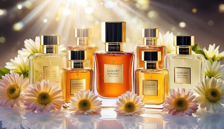 Luxury perfume bottles with gold accents and flowers, illuminated with sunlight