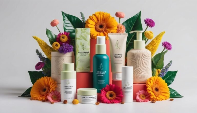 Cosmetic products arranged with flowers on a red platform, against a white background
