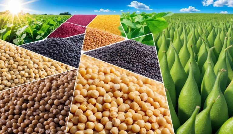 Variety of crops and seeds arranged with fields and blue sky