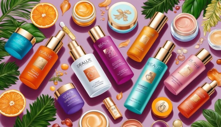 Cosmetic products, orange slices, and leaves arranged on a purple background