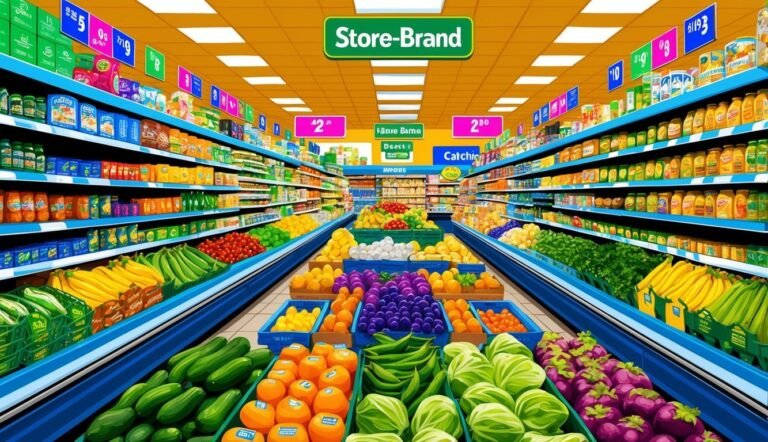 A cartoon-style grocery store aisle filled with produce and packaged goods
