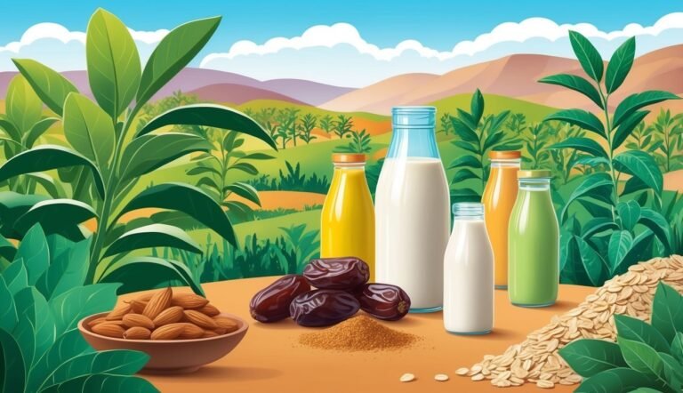 Bottles of milk and juice with almonds, dates, and oats in a field