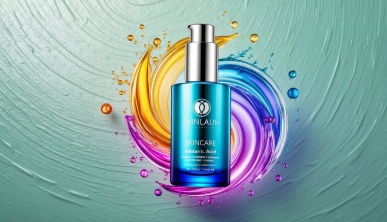Blue skincare bottle with swirling colorful liquid and droplets on teal background