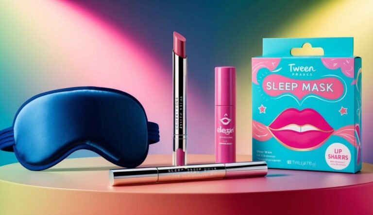 Blue sleep mask, lipstick, lip balm, and sleep mask box on a table
