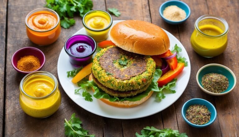 Vegan burger with various sauces and spices on a wooden table