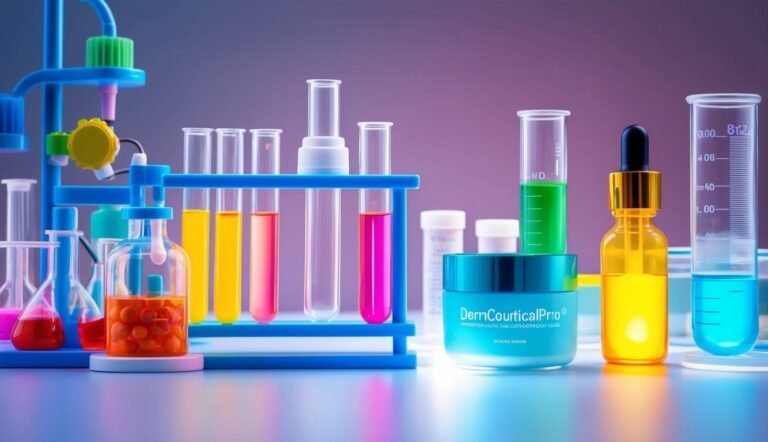 Laboratory setup with colorful liquids in test tubes, bottles, and a cream jar
