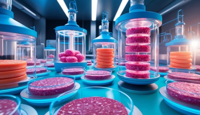 Laboratory with cultured meat in blue and clear containers