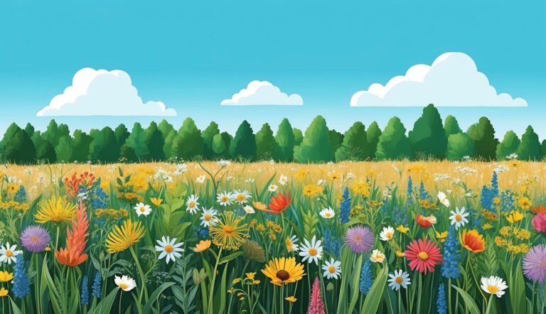 Illustration of a colorful wildflower meadow with trees and clouds in the sky
