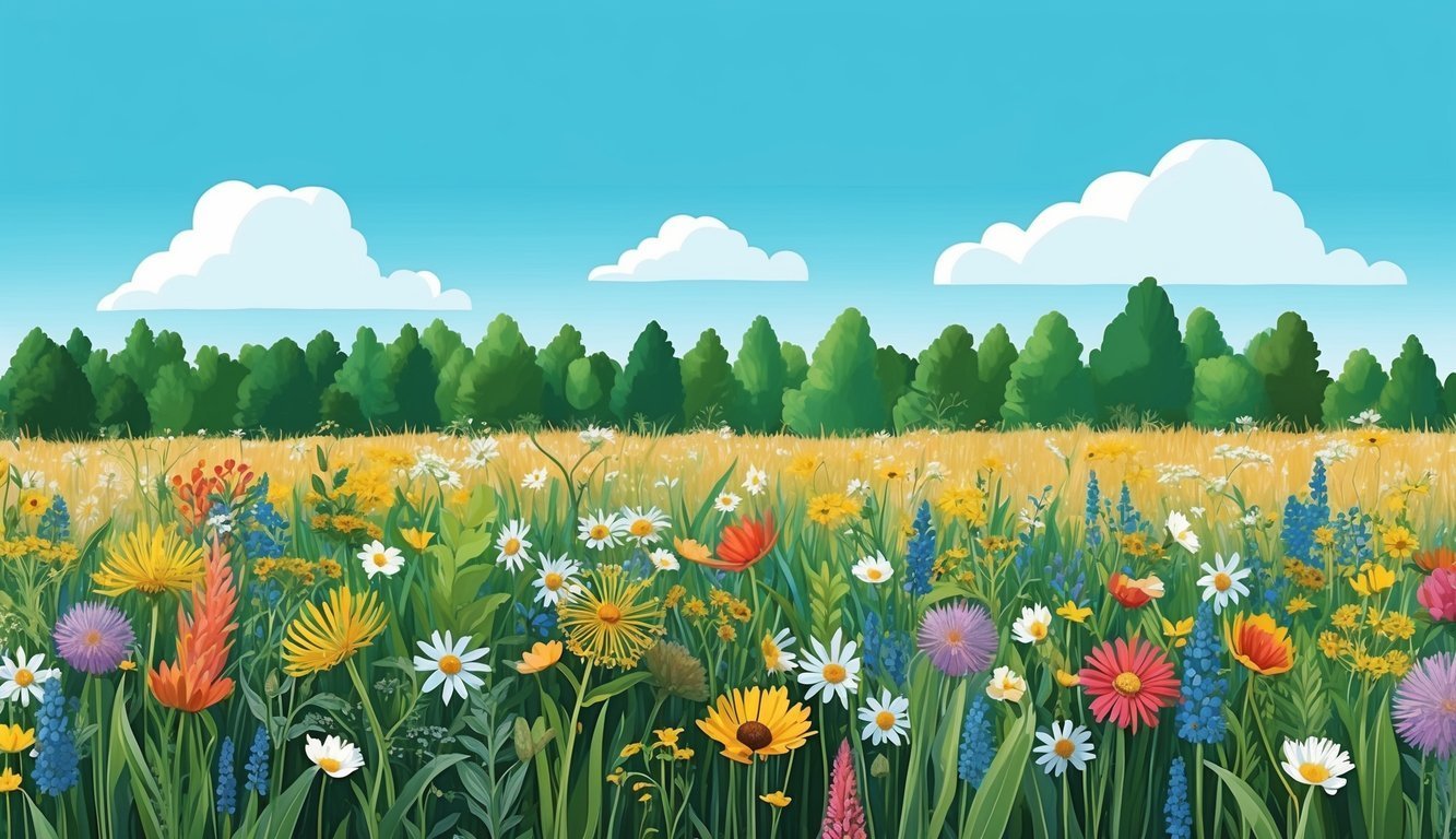 Illustration of a colorful wildflower meadow with trees and clouds in the sky