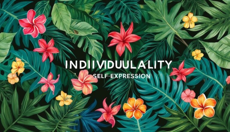 Tropical leaves and flowers with the words "Individuality" and "Self-Expression"