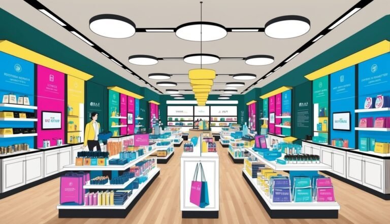 Brightly lit retail store interior with colorful product displays and a shopper