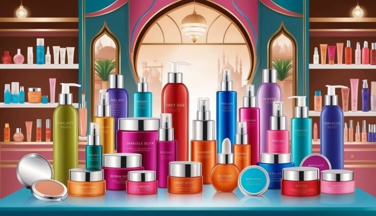 Cosmetics products arranged on a shelf with an ornate background and shelves