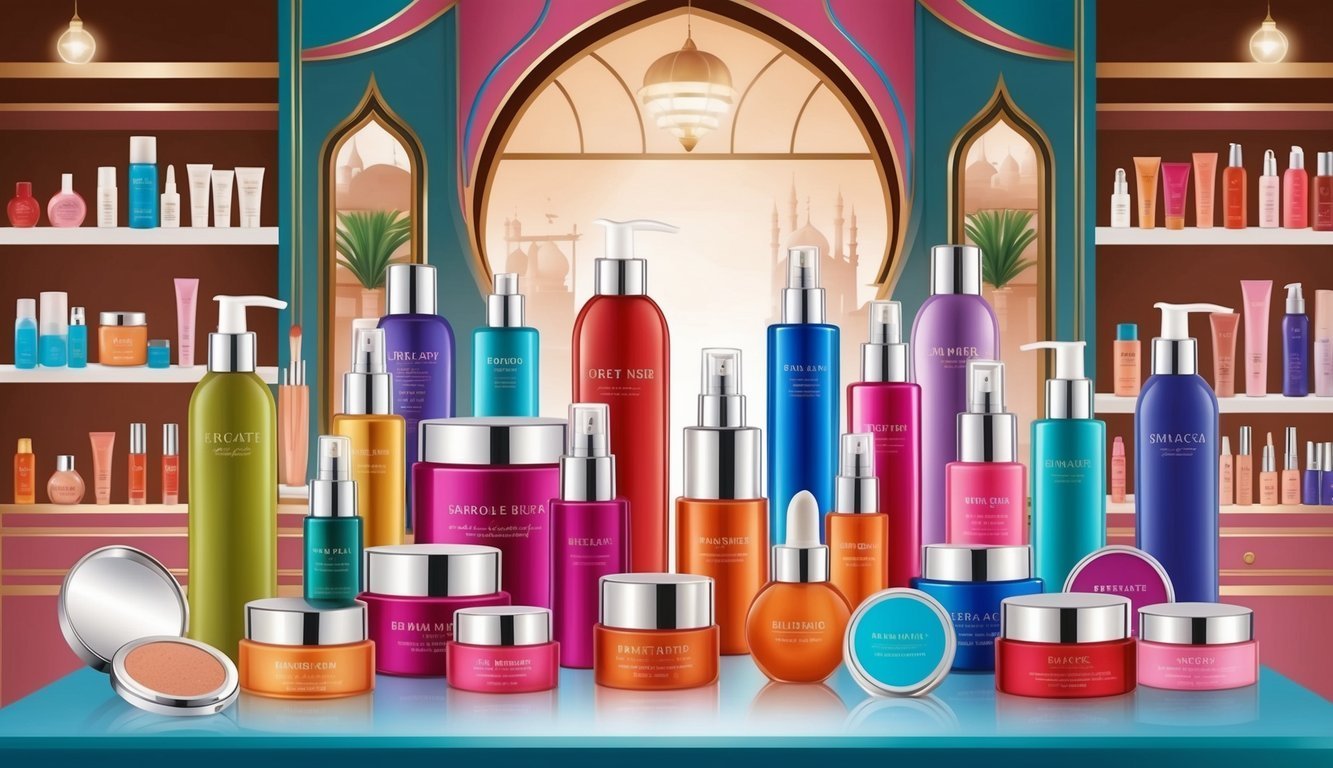 Cosmetics products arranged on a shelf with an ornate background and shelves