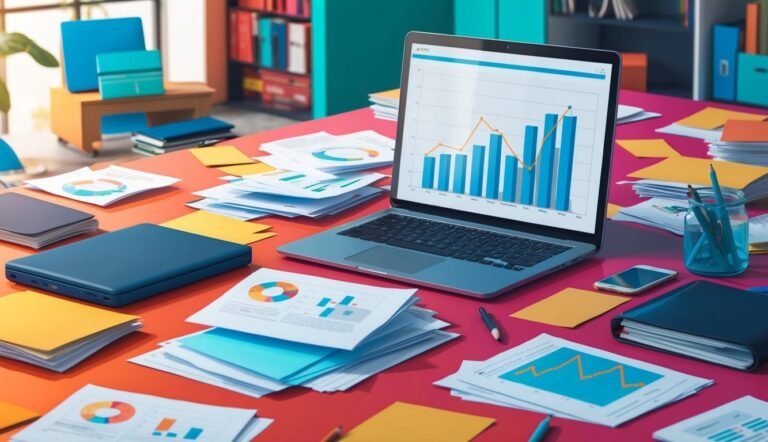 Laptop displaying a graph surrounded by papers, pens, and office supplies on a desk