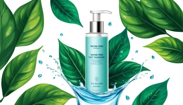 Bottle of "Water Free Fact Cleanser" with green leaves and water splash