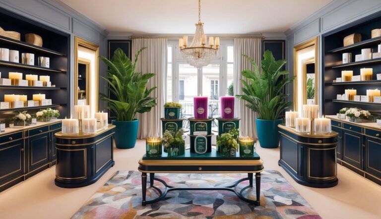 Luxury candle store interior with shelves, plants, and a chandelier