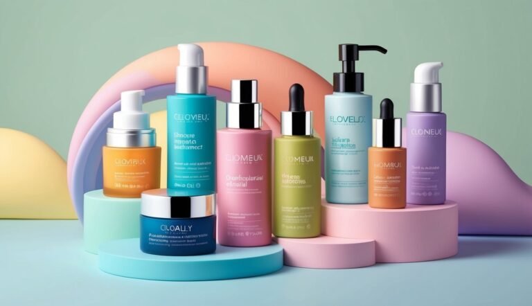 Assortment of colorful skincare products on pastel-colored platforms and background
