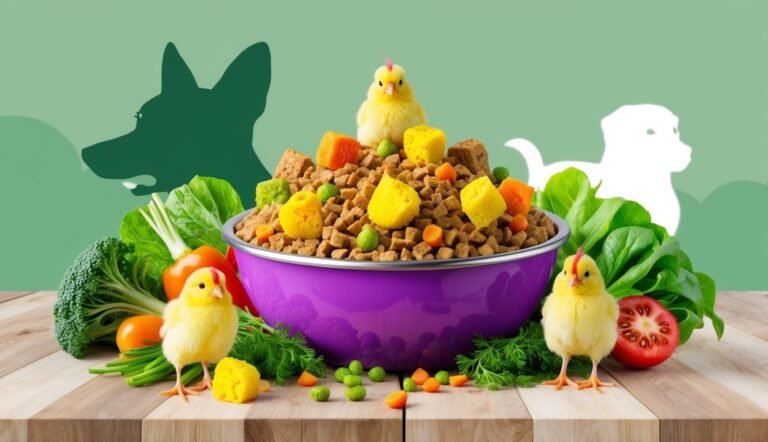 Bowl of dog food with chicks, vegetables, and dog silhouettes