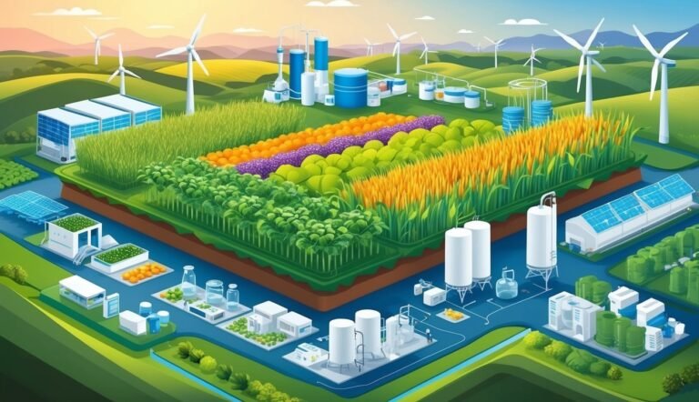 Illustration of sustainable farm with wind turbines, crops, and solar panels
