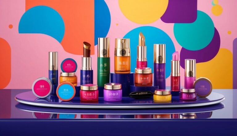 Cosmetics products, including lipsticks and creams, displayed on a purple tray