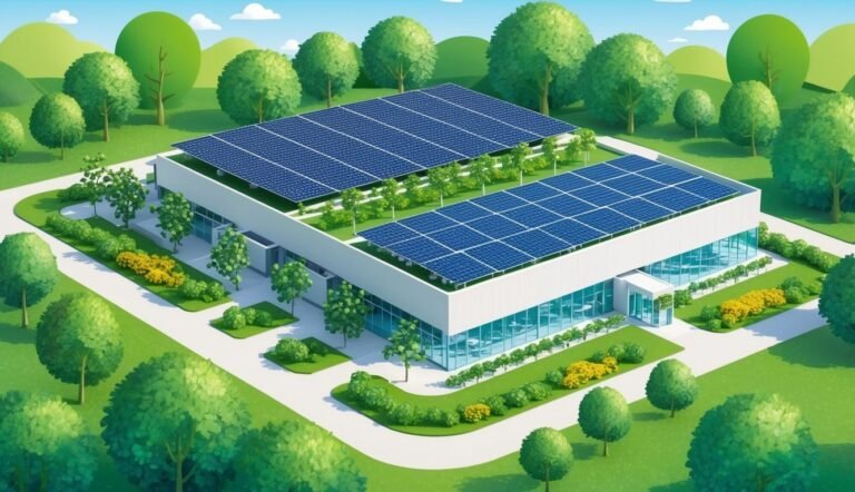 Modern building with solar panels on the roof, surrounded by green trees