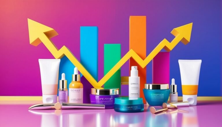 Cosmetics products with a rising graph, representing sales growth and success