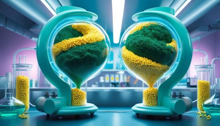 Two hourglass-shaped lab instruments filled with green and yellow granules