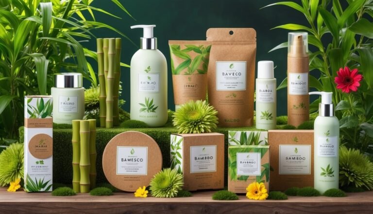 Cosmetic products with bamboo theme, surrounded by bamboo stalks and greenery